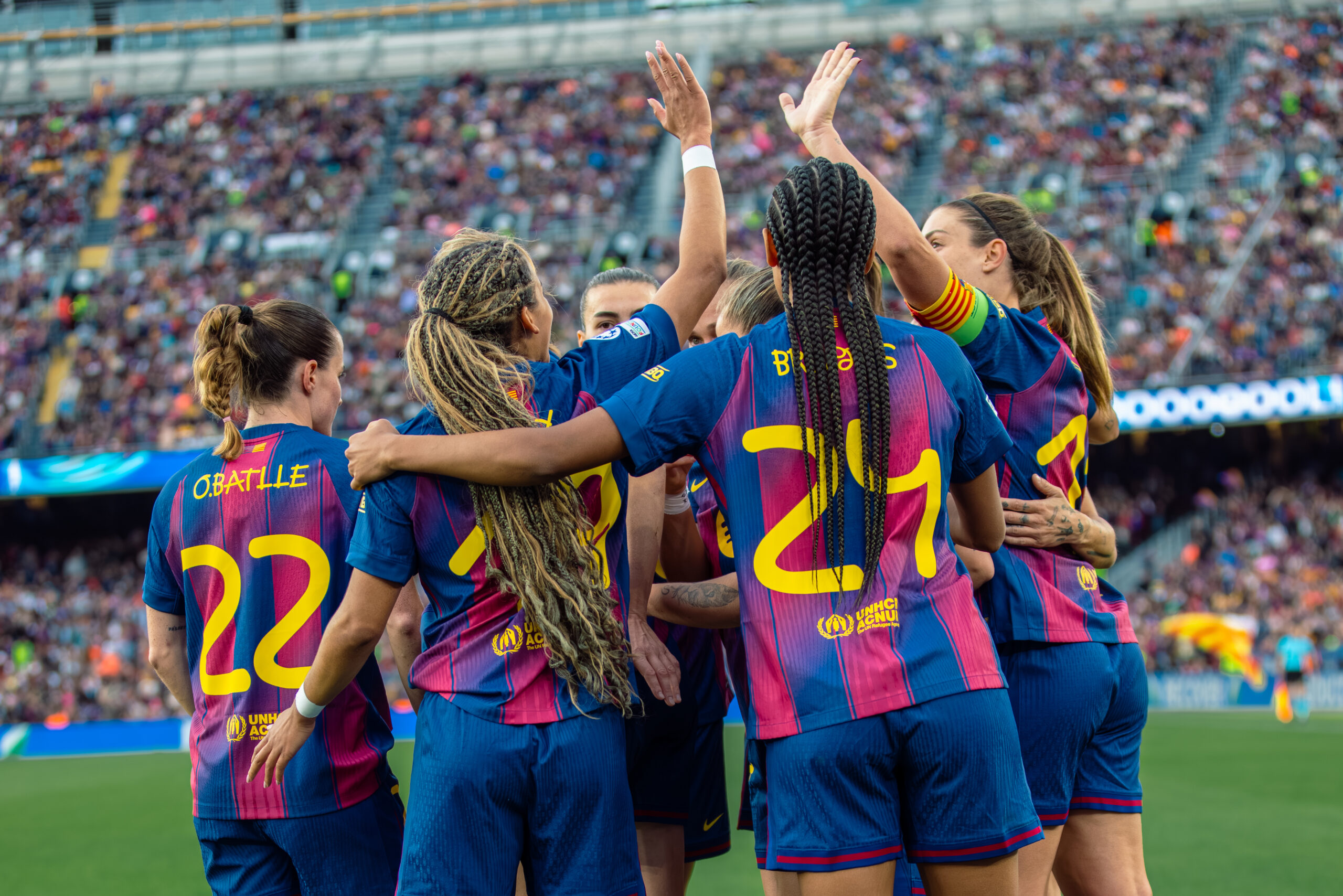 fc barcelona celebrate goal during uwcl match vs real madrid